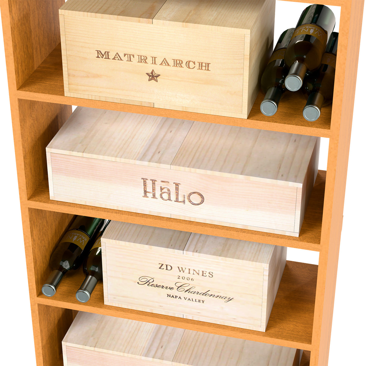 Light wood wine rack shelf with stacked wine cases and bottle holder in top cubby