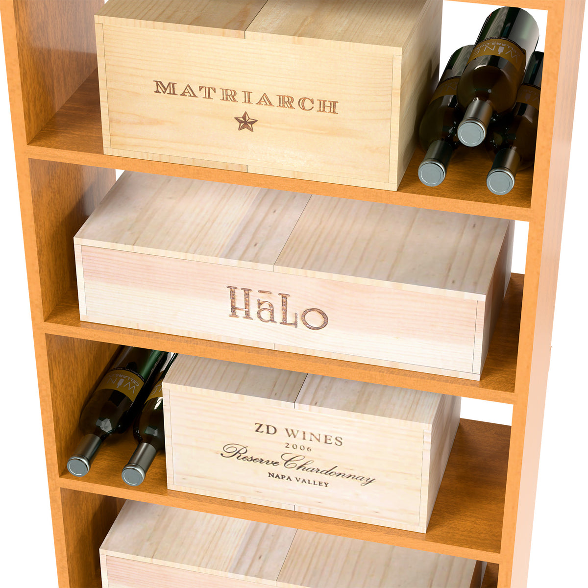 Light wood wine rack display with stacked wooden wine cases and two bottles in top