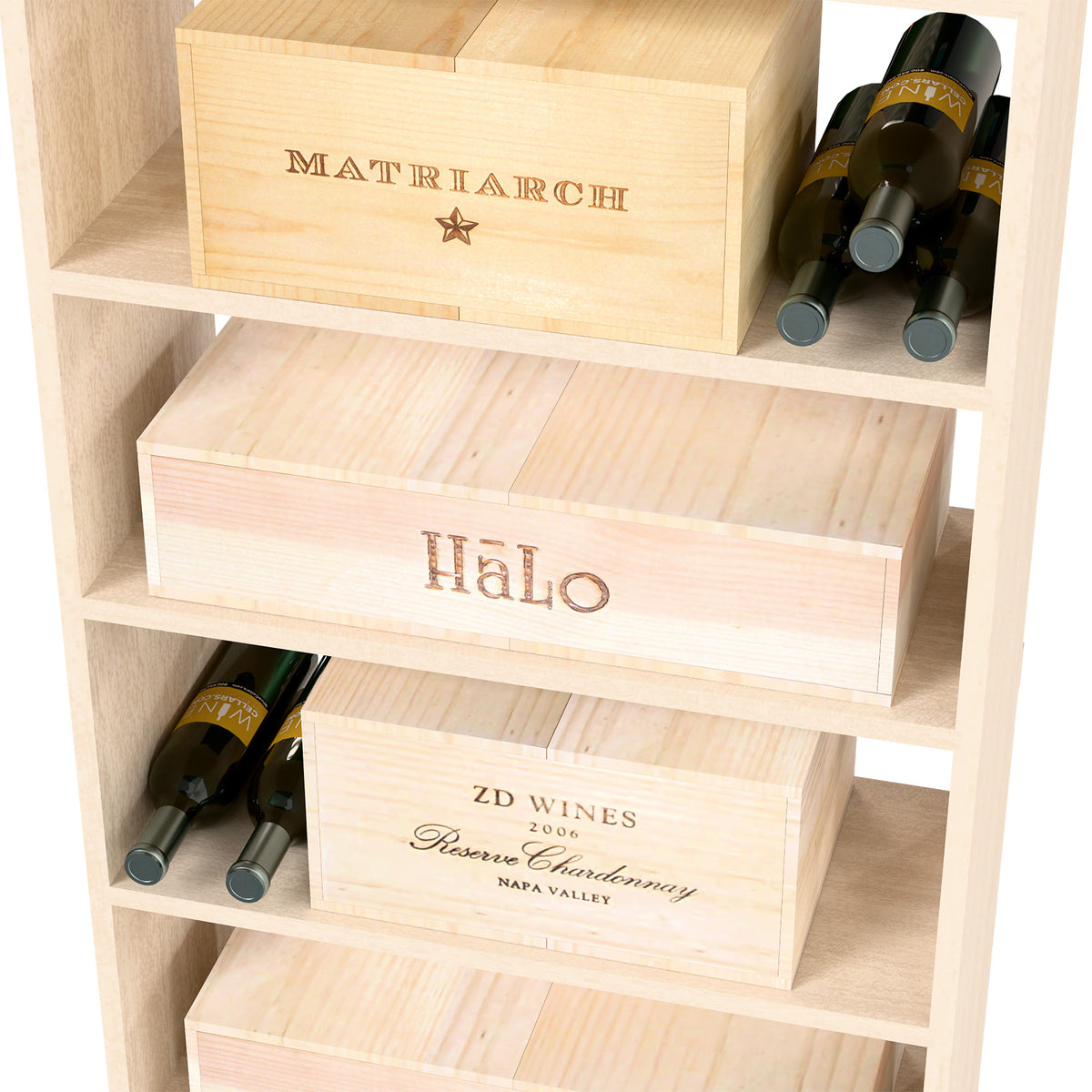 Natural wood wine rack shelf with wine cases and two bottles in upper cubby