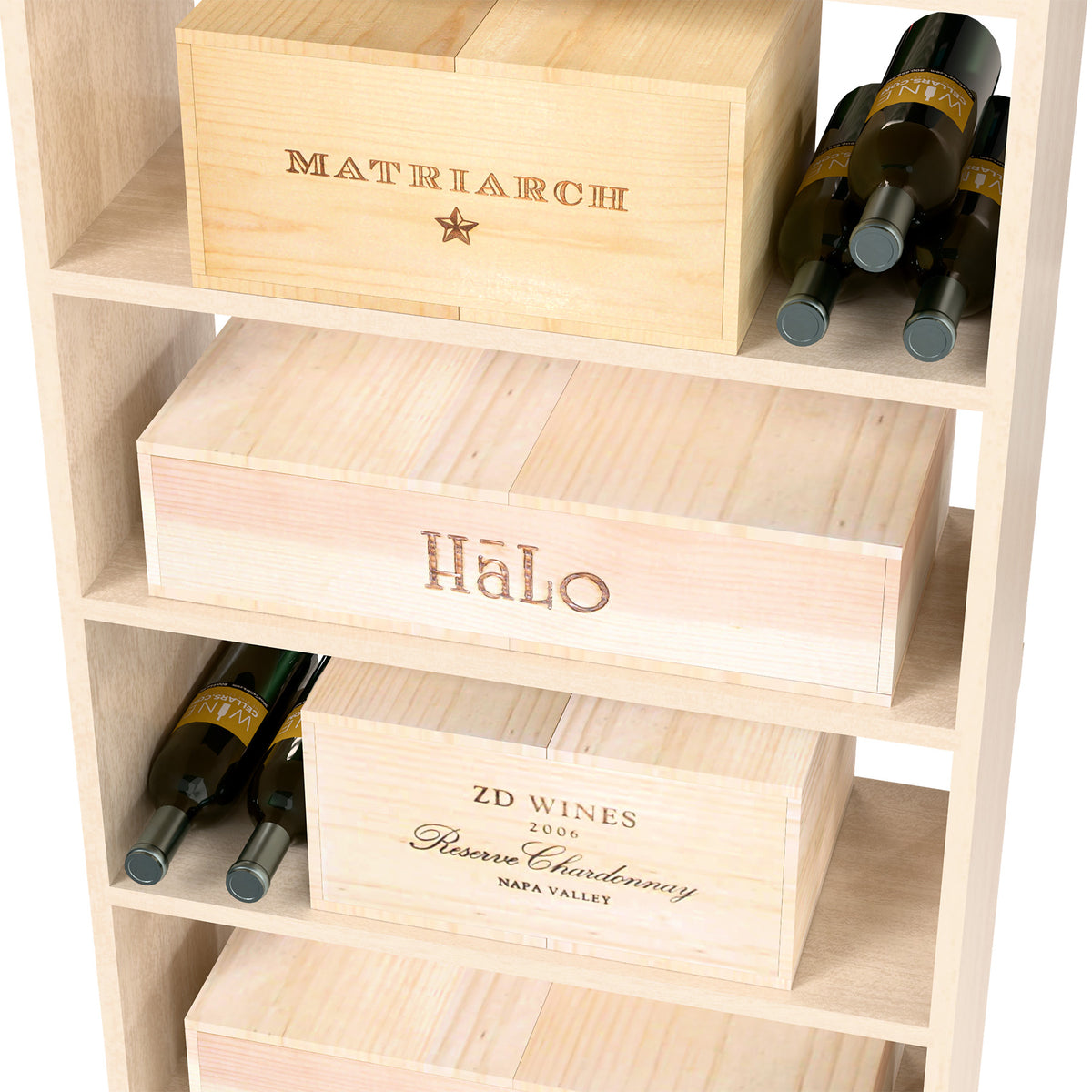 Natural wood wine rack shelf with labeled wine cases and bottles in top cubby