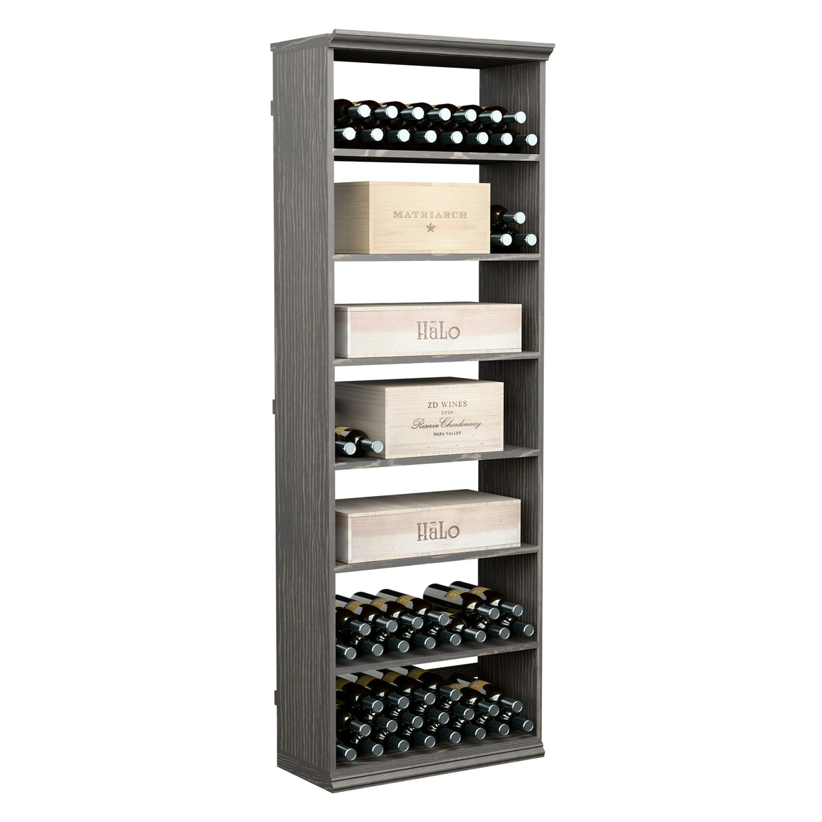 Wine storage cabinet with open shelves and bottle rack, dark grey wood finish.
