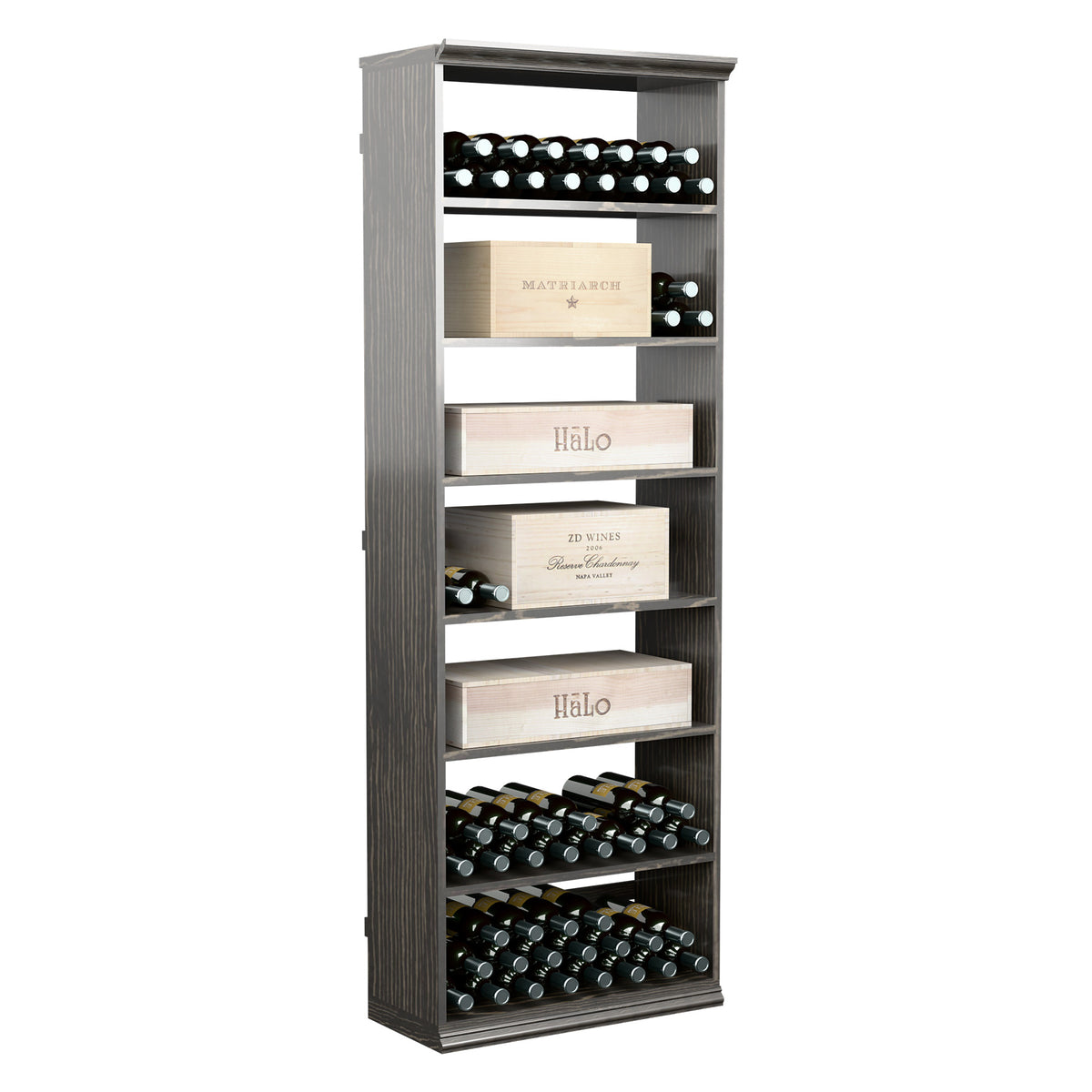 Wine storage cabinet with open shelves and bottle rack, dark grey wood finish.