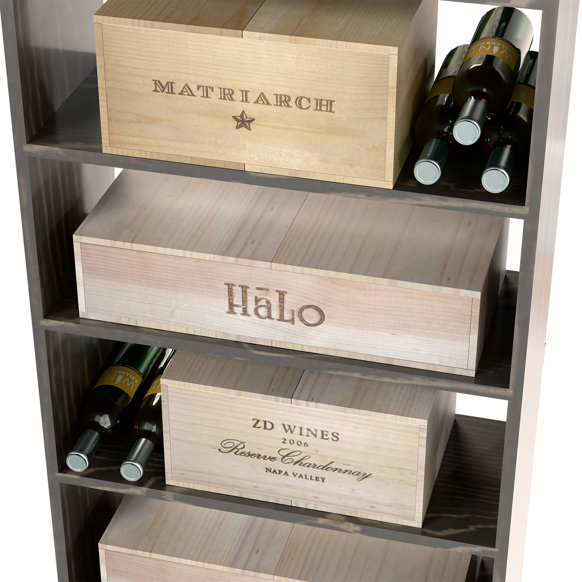 Wine storage case bin with open shelves, stacked wine boxes, and bottles.