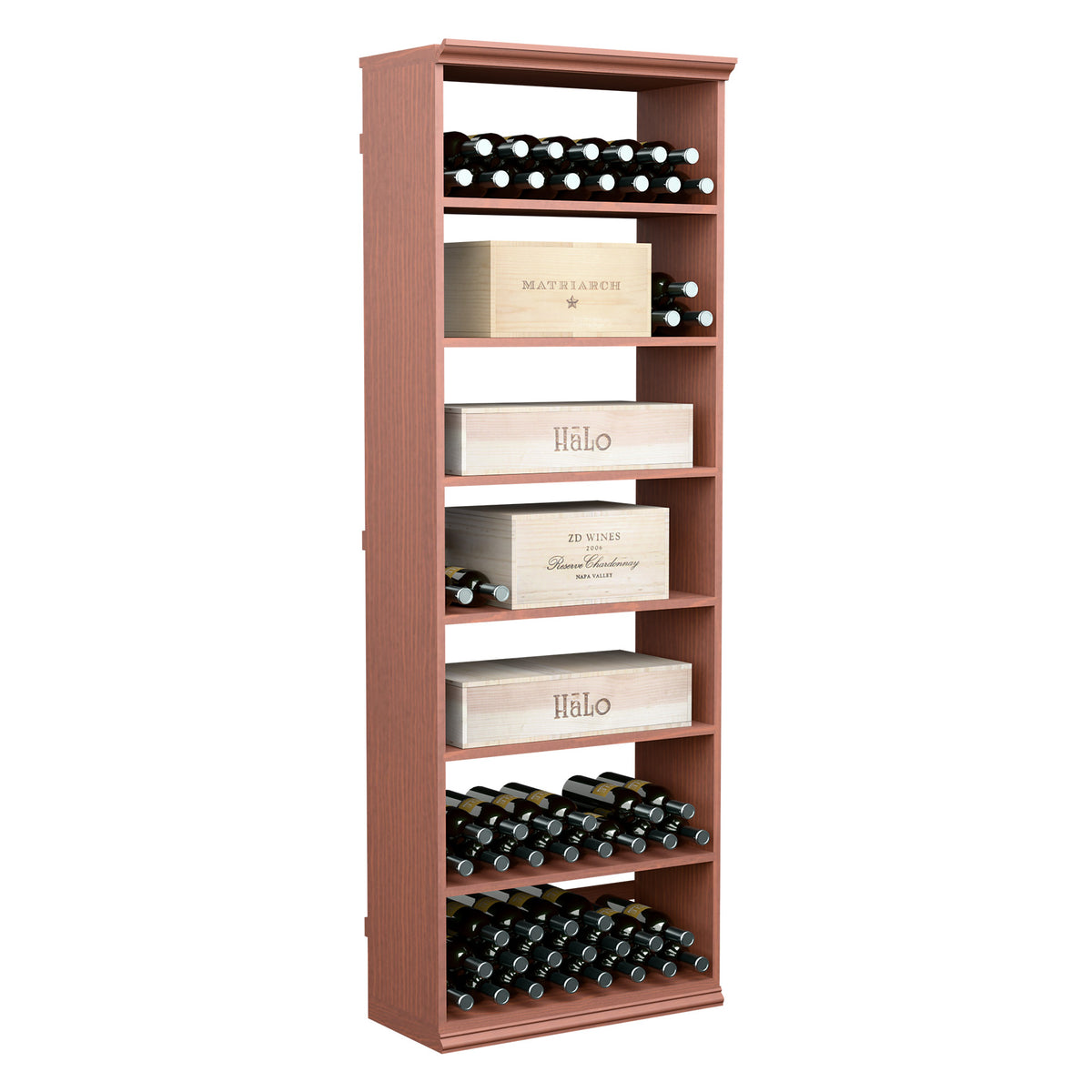 Wine storage cabinet with open shelves and bottle rack, reddish wood finish.