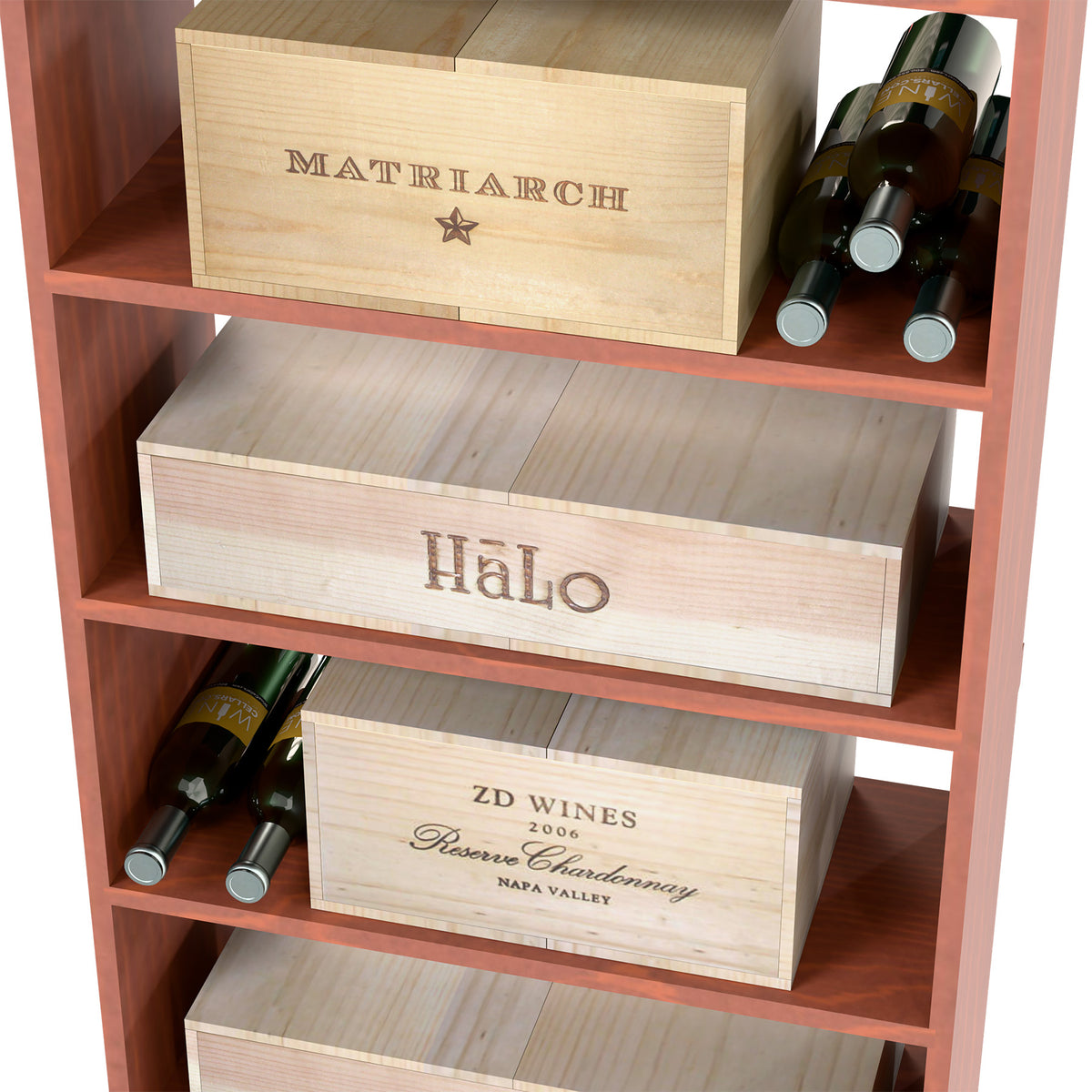 Wine storage case bin with stacked wooden wine boxes and bottles, open shelving.