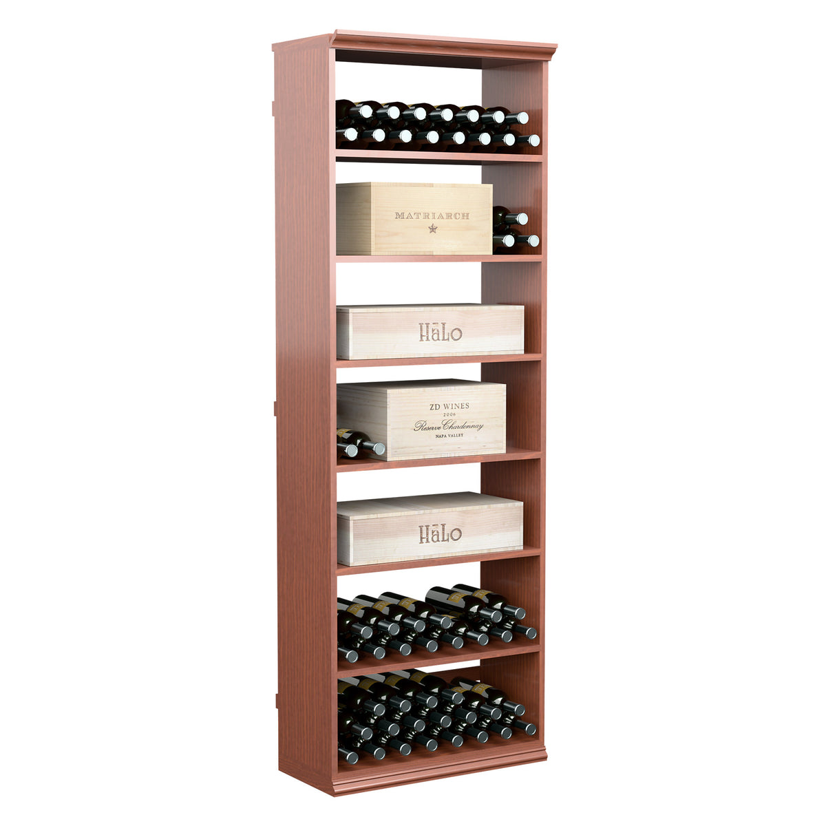 Wine storage cabinet with open shelves and bottle rack, reddish wood finish.