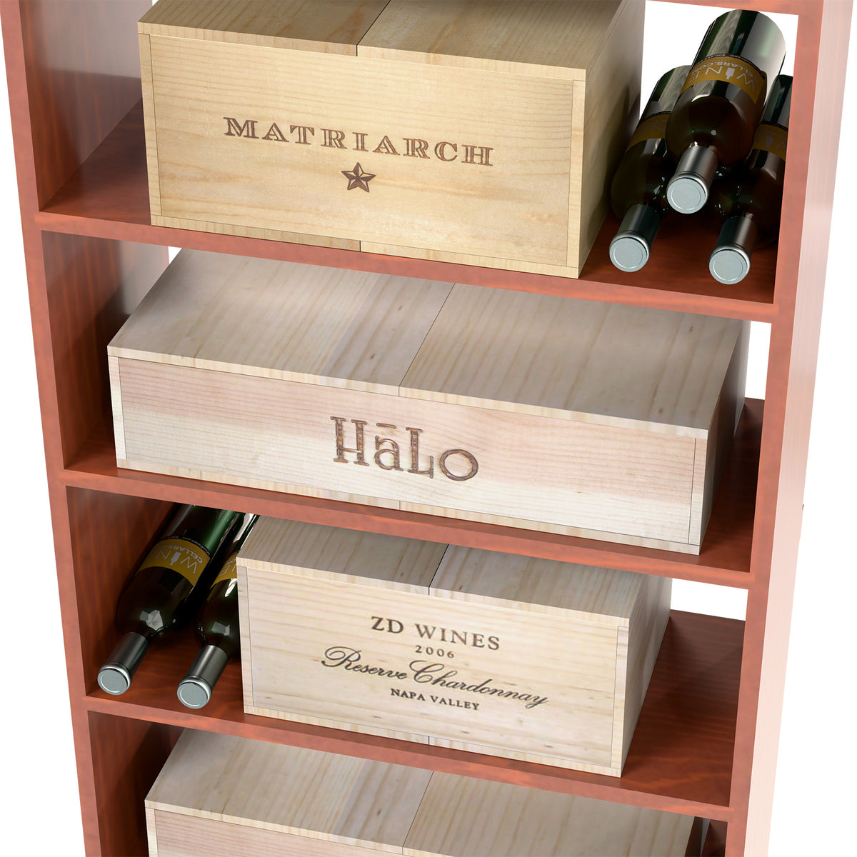 Wine storage case bin with open shelves, stacked wine boxes, and bottles.