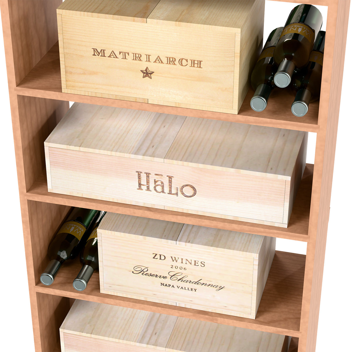 Wine storage case bin with stacked wine boxes and bottles on open shelves.