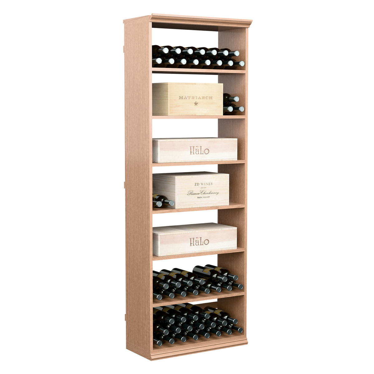 Natural wood wine and case storage bin with open cubby shelves for bottles and cases
