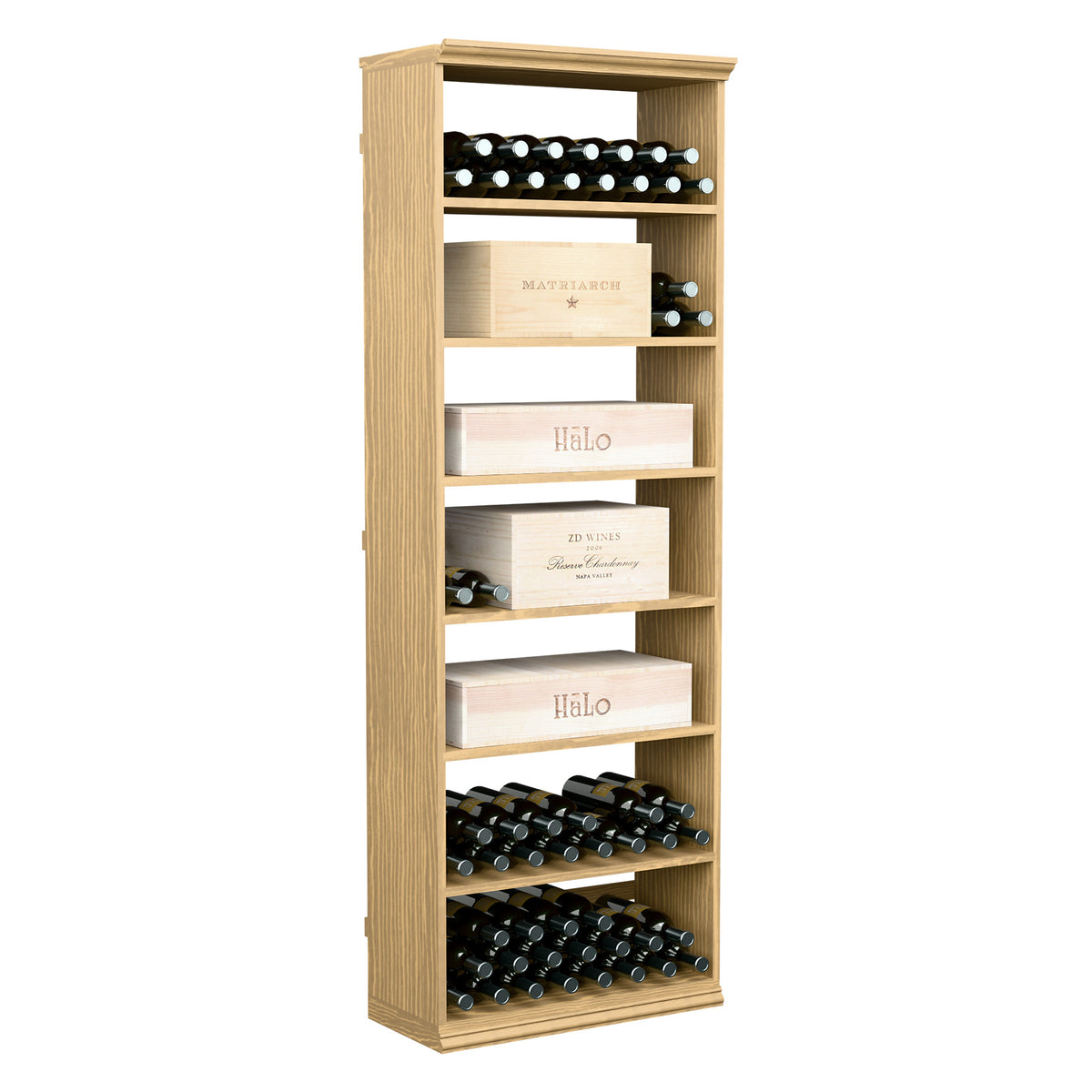 Natural wood wine and case storage bin with front bottle rack and stacked case cubbies