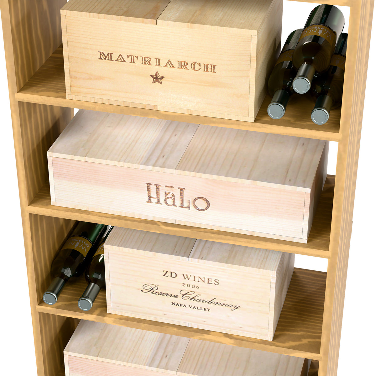 Natural wood wine and case bin with top and middle labeled cubbies and bottle necks