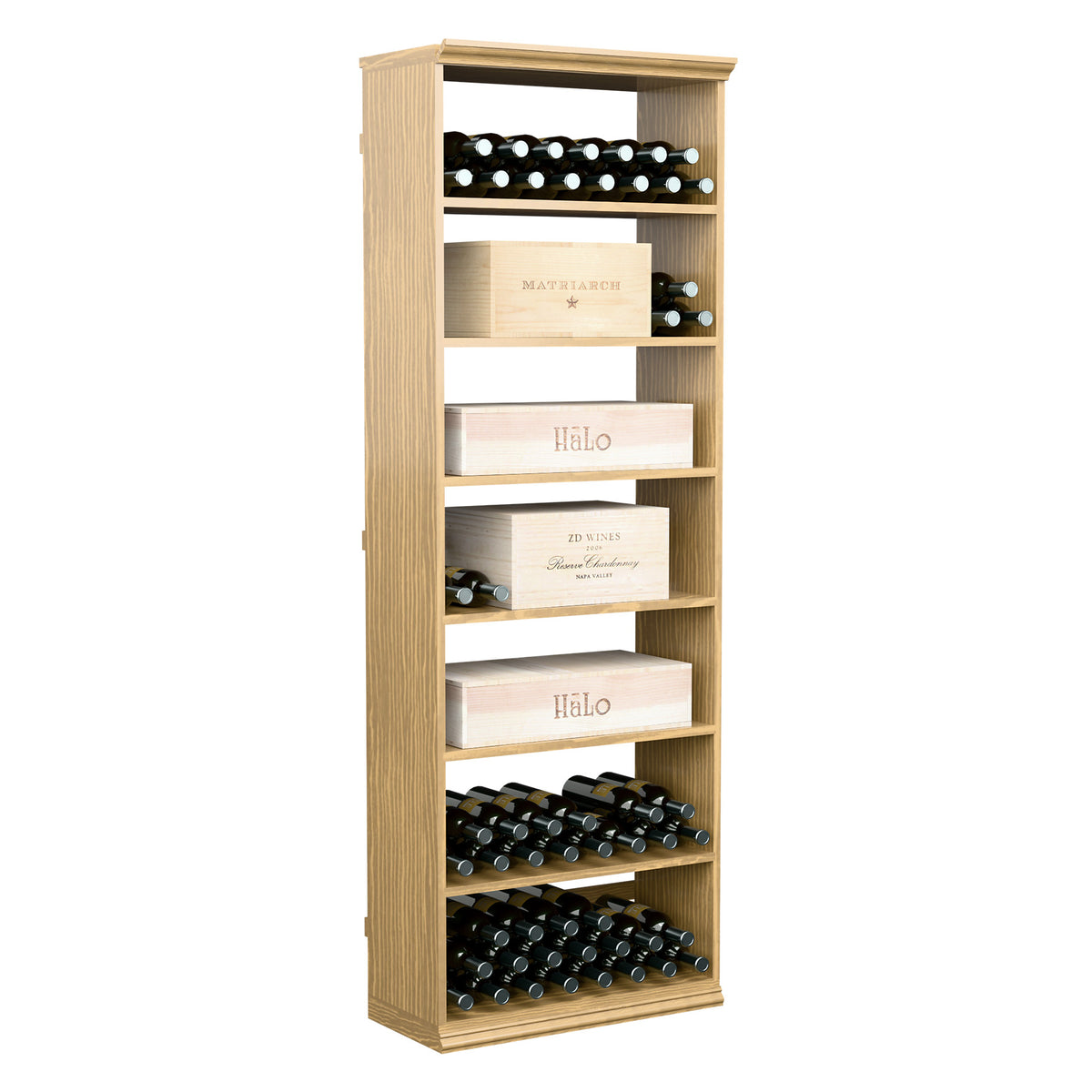 Natural wood wine and case storage bin with vertical bottle racks and open front shelves