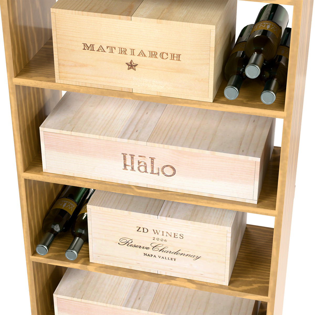 Natural wood wine and case bin with stacked case openings and bottle storage at the bottom