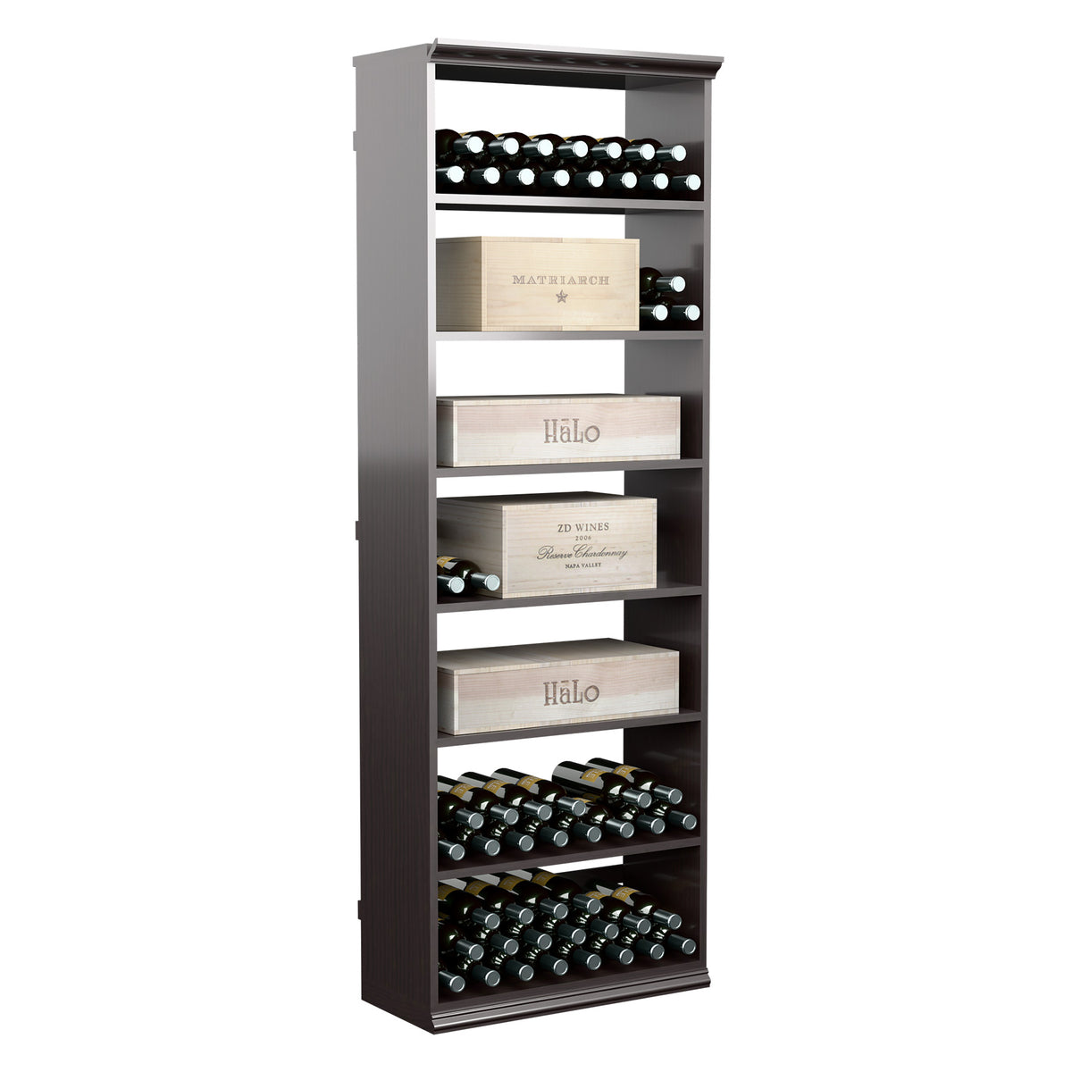 Dark wood wine and case storage bin with open cubby shelves for bottles and cases