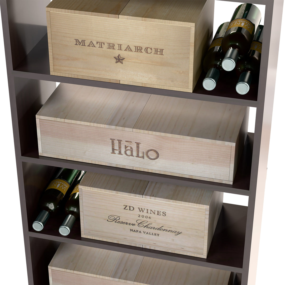 Dark wood wine and case bin showing top case cubby labels and bottle necks