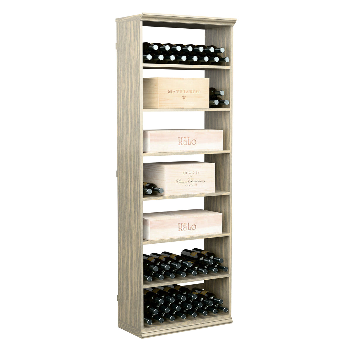 Upright wooden wine cabinet with rows of bottle slots and open front shelves, light wood
