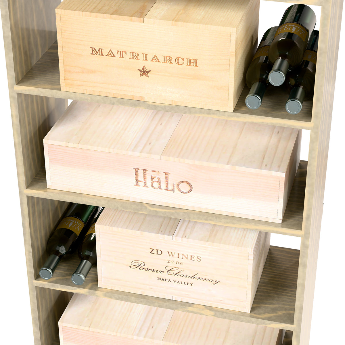 Wood wine storage bin with front label boxes, wine bottle holders, and open shelves, light wood