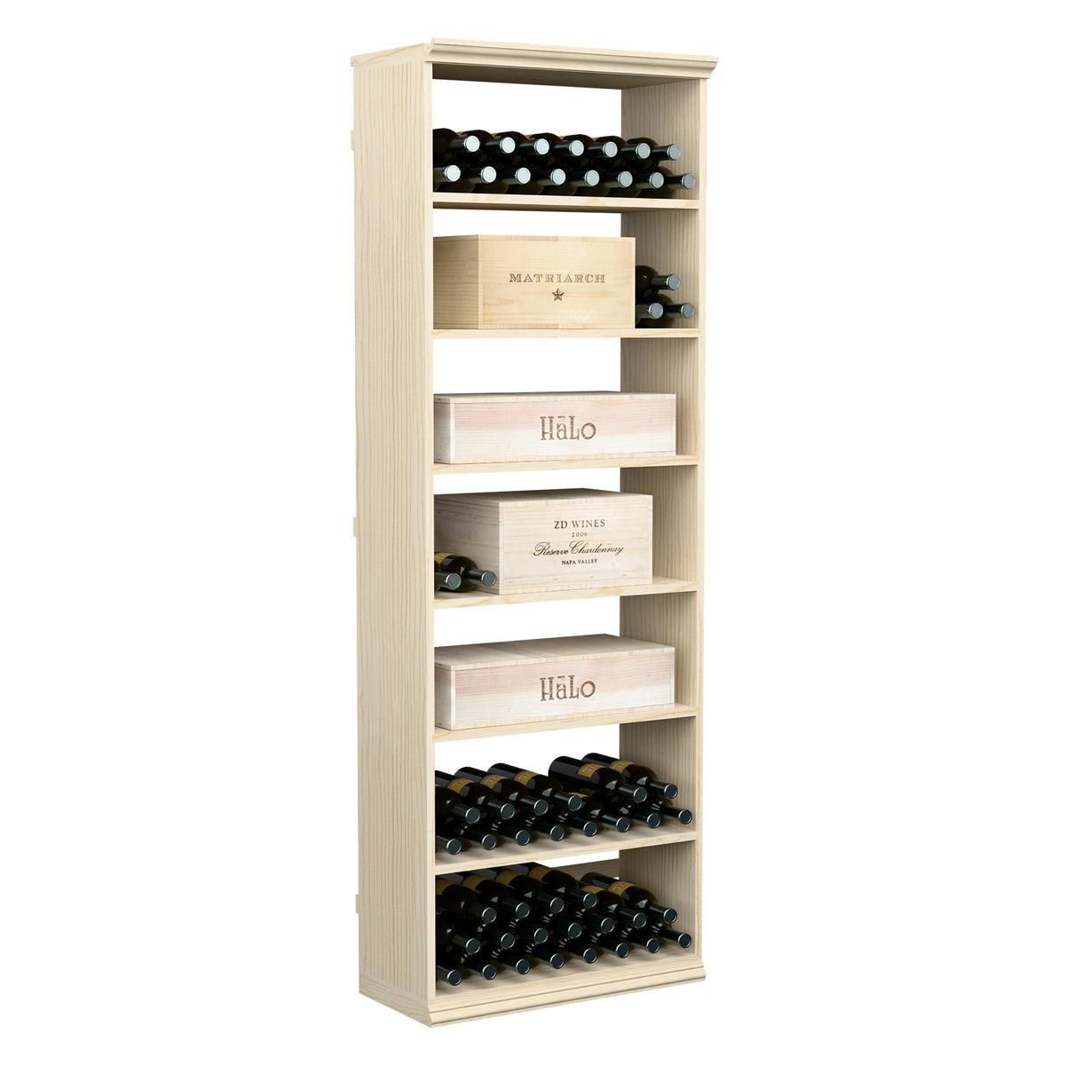 Upright wine case bin with open shelves and top bottle row, light wood