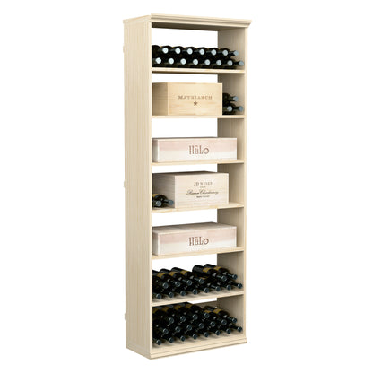Upright wine case bin with open shelves and top bottle row, light wood
