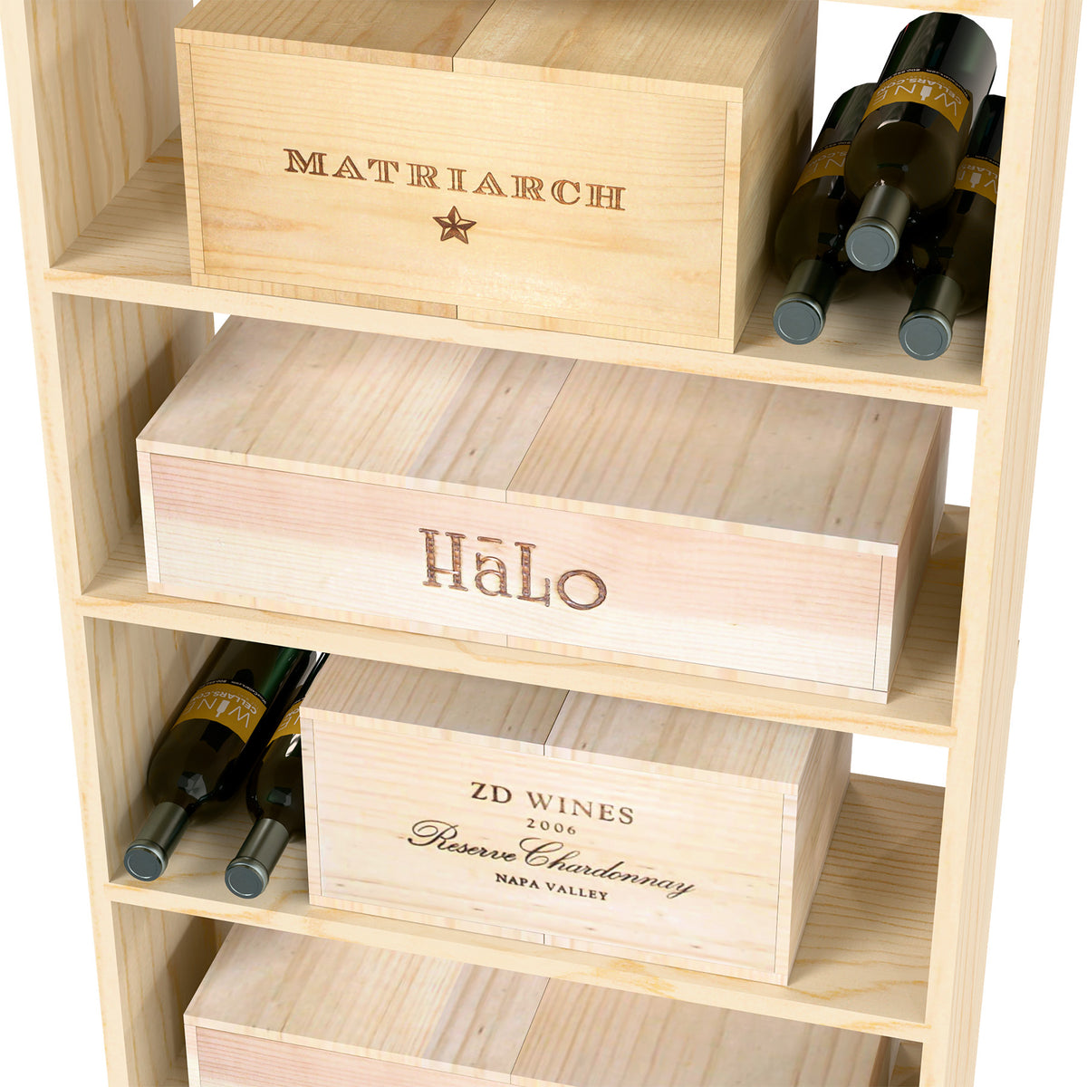 Wood wine storage bin with labeled wood boxes and bottle holders, light wood