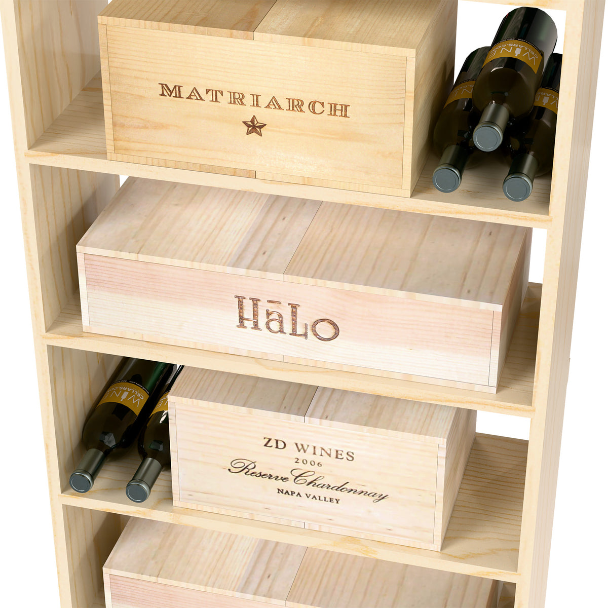 Wood wine storage bin with labeled front boxes and wine bottle holders, light wood