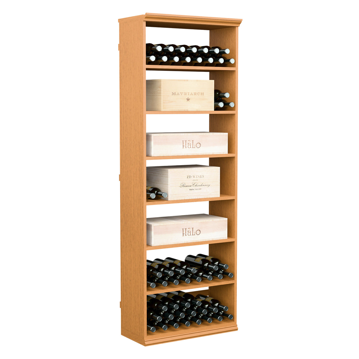 Light wood wine storage cabinet with front shelves and bottle slots for wine cases