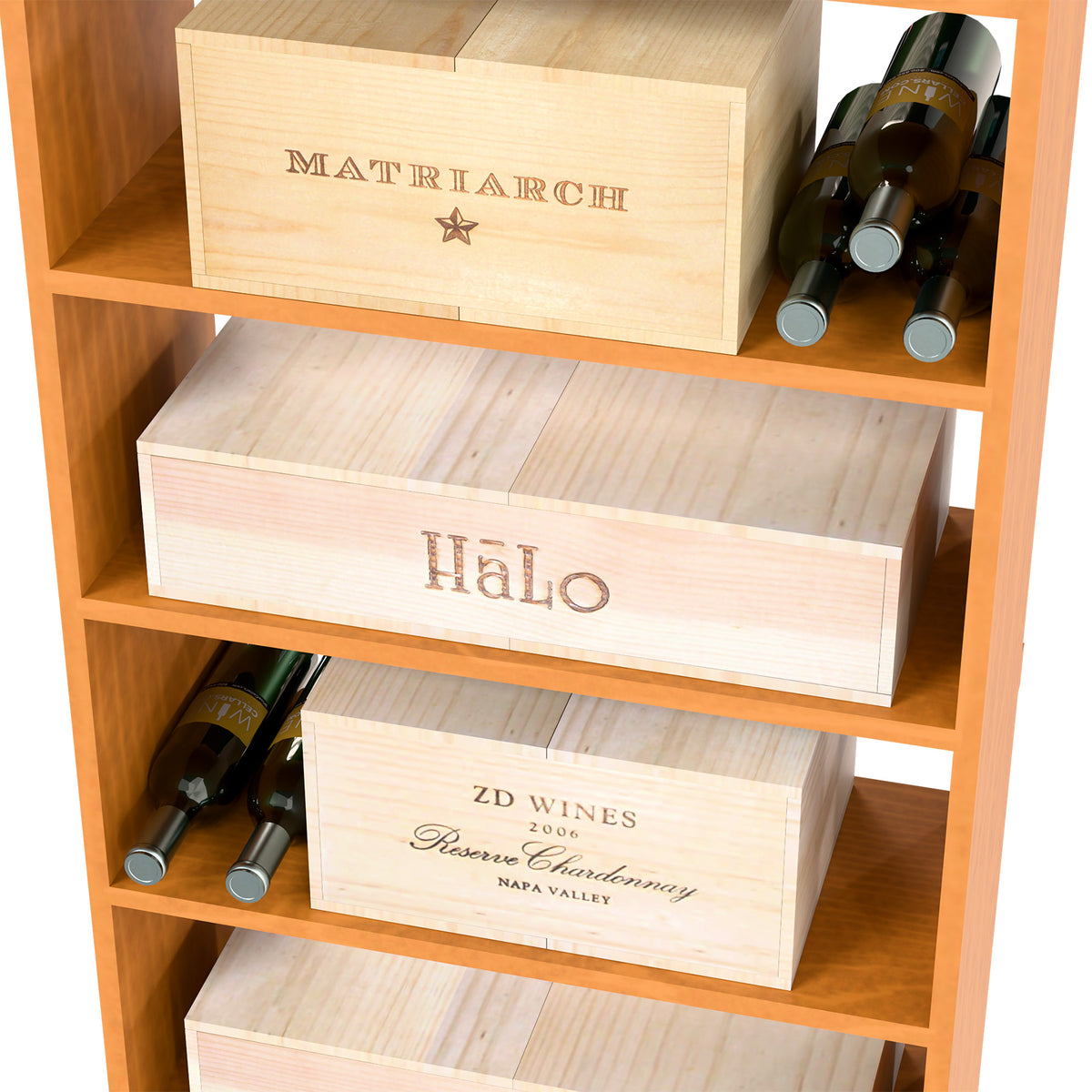Light wood wine cabinet with stacked wine cases and bottles displayed on open shelves