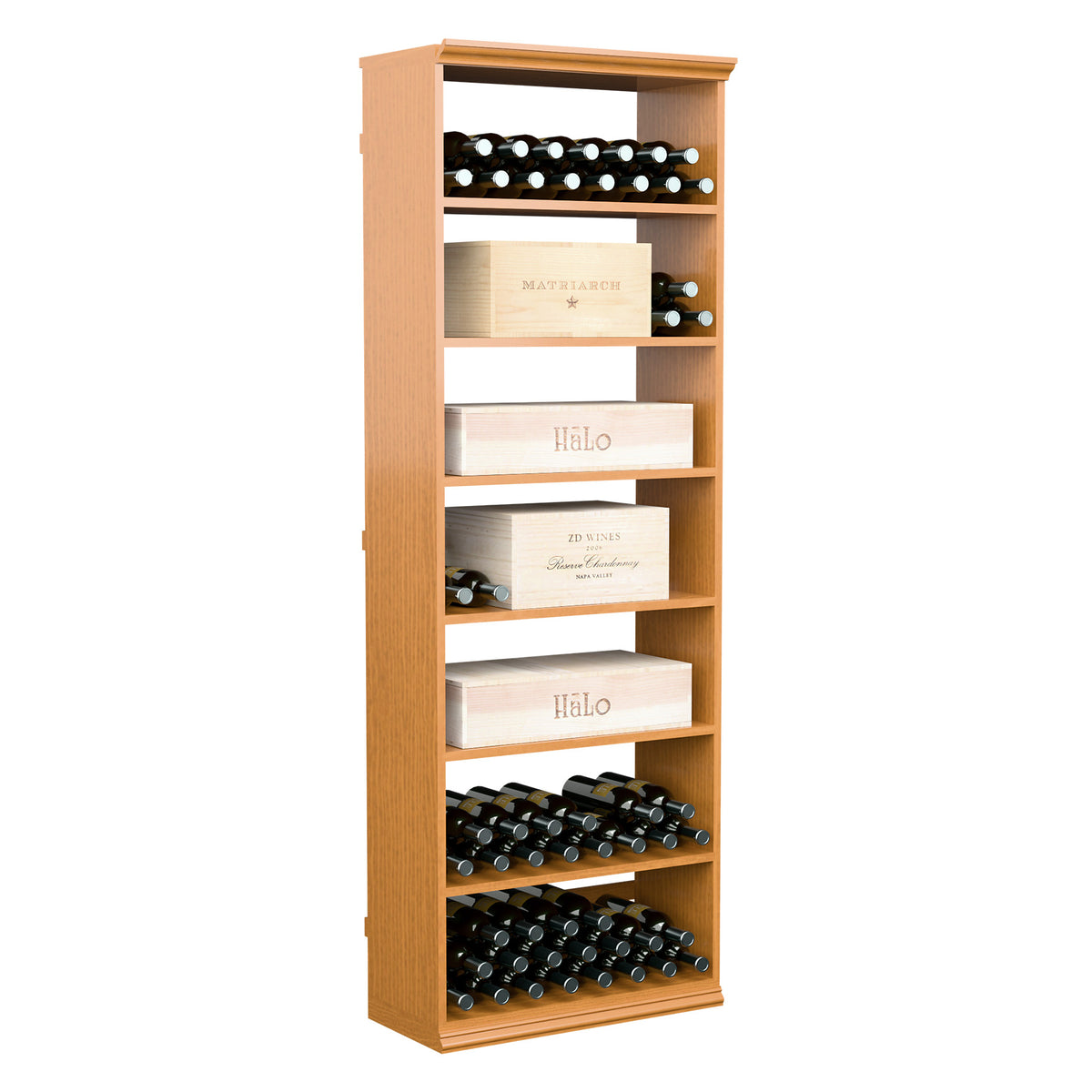 Light wood wine storage cabinet with front bottle rows and multiple open case shelves