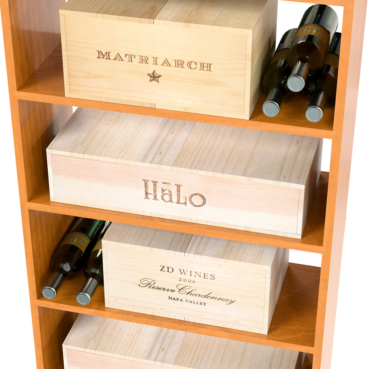 Light wood wine cabinet shelves showing wine cases and bottles in a tiered layout