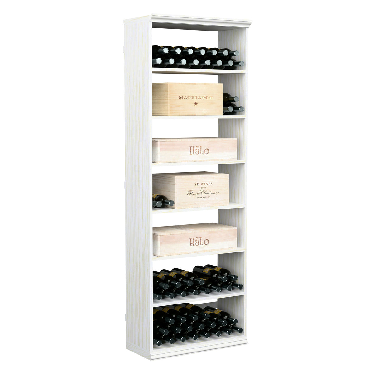 White wine storage cabinet with open shelves and bottle slots for wine cases