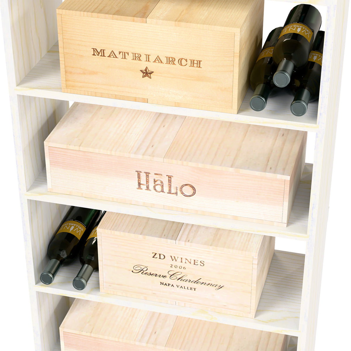White wine cabinet with stacked wine cases and wine bottles on open tier shelves