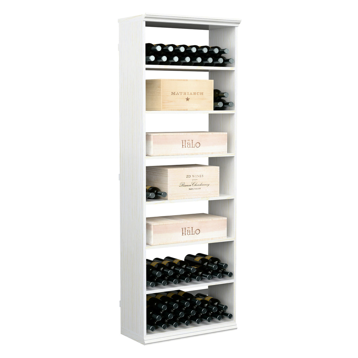 White painted wine storage cabinet with front bottle rows and multiple case compartments