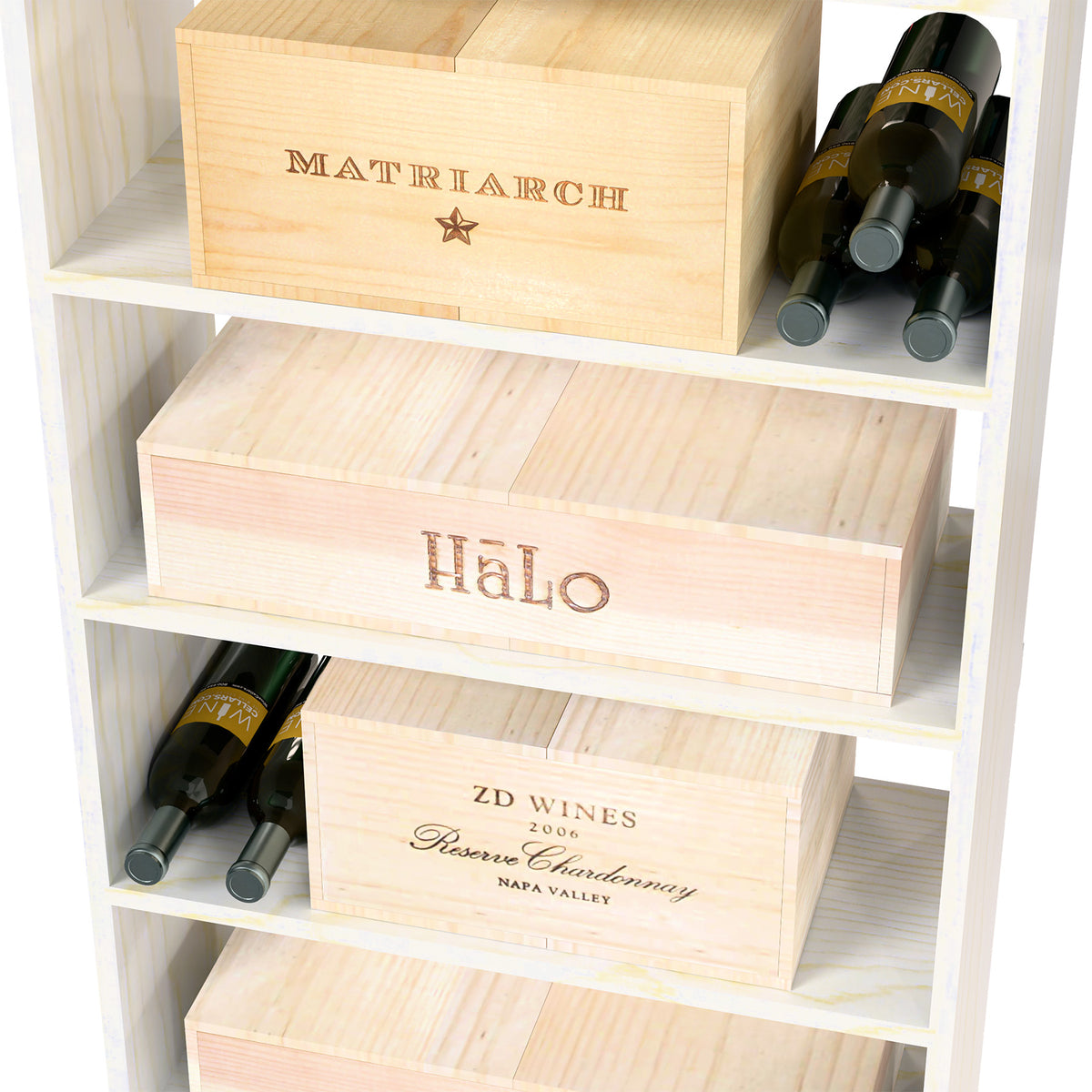 Light wood wine cabinet shelves with wine cases stacked and bottles placed on top tiers