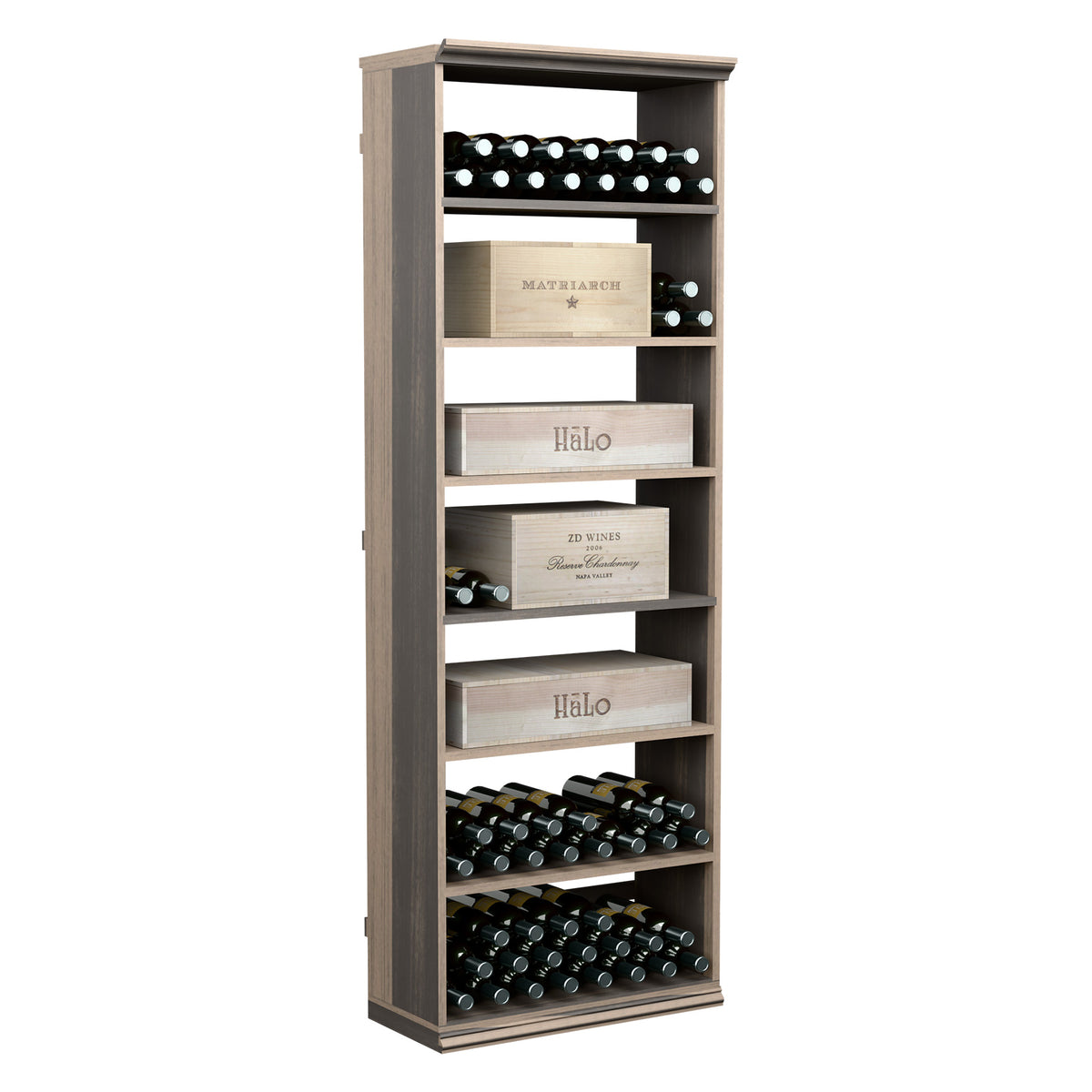 Tall wooden wine rack cabinet with open shelves for bottles and wine cases