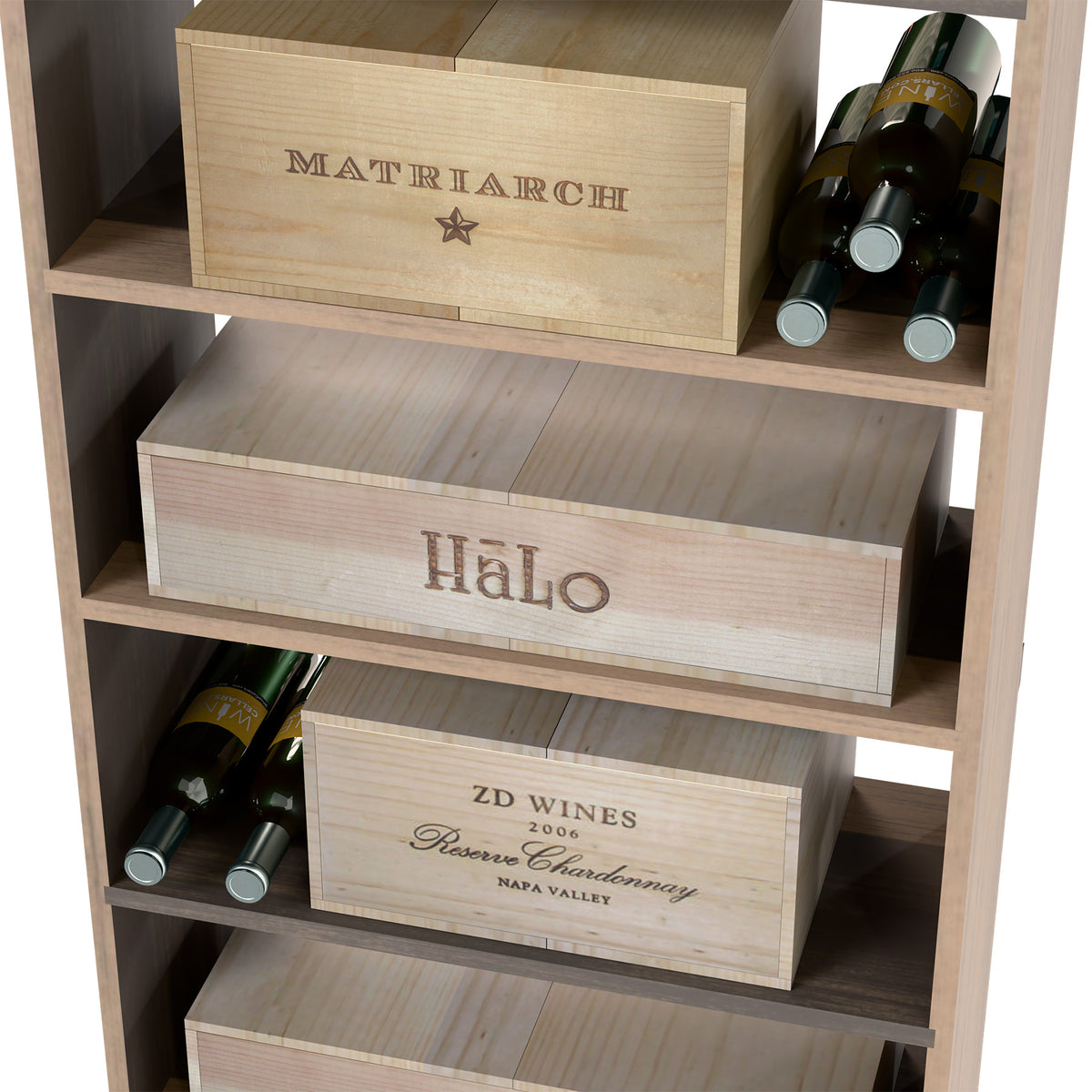 Wood wine rack with stacked wine cases and bottle storage slots, close-up view