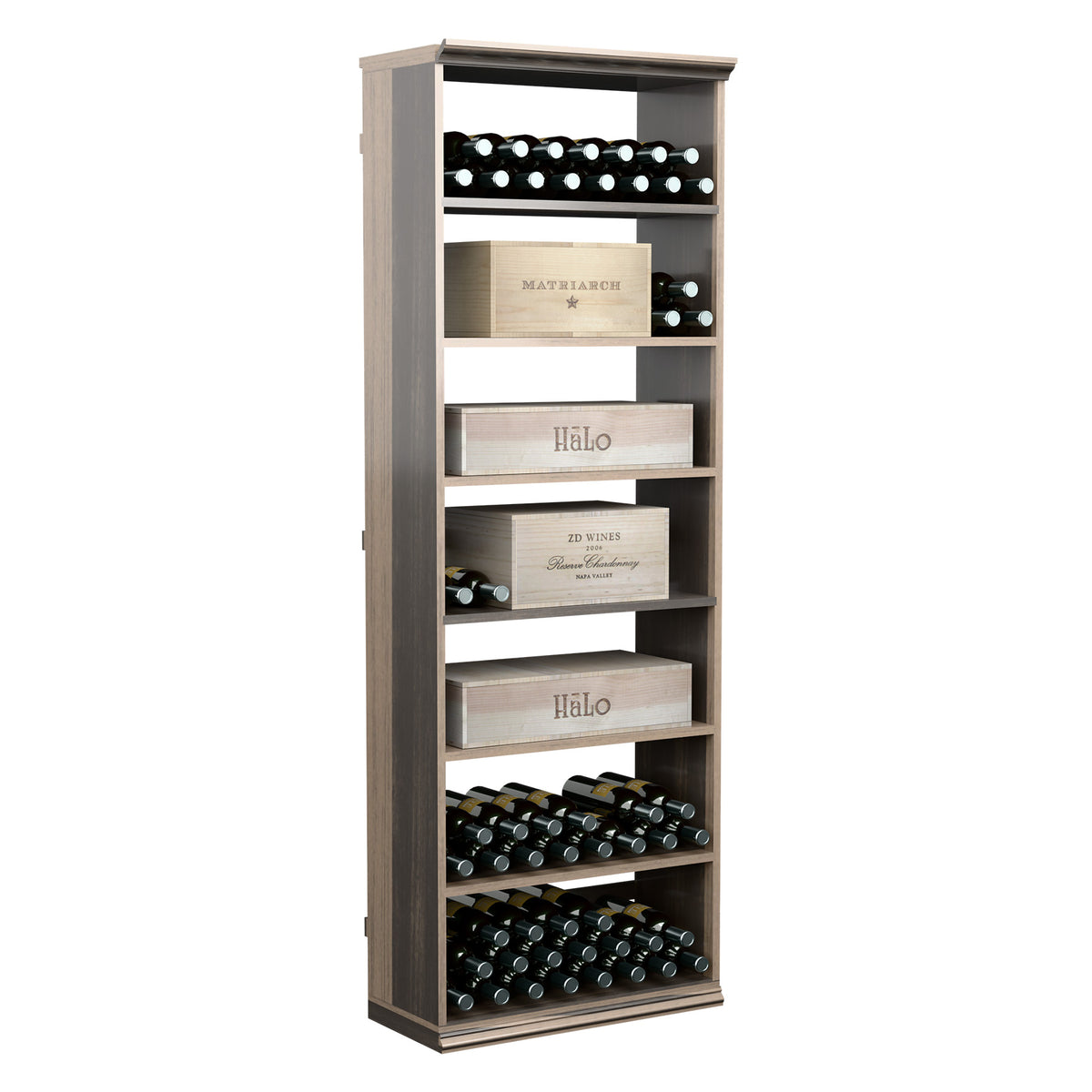 Freestanding wooden wine rack cabinet with bottle shelves and drawer-like wine cases