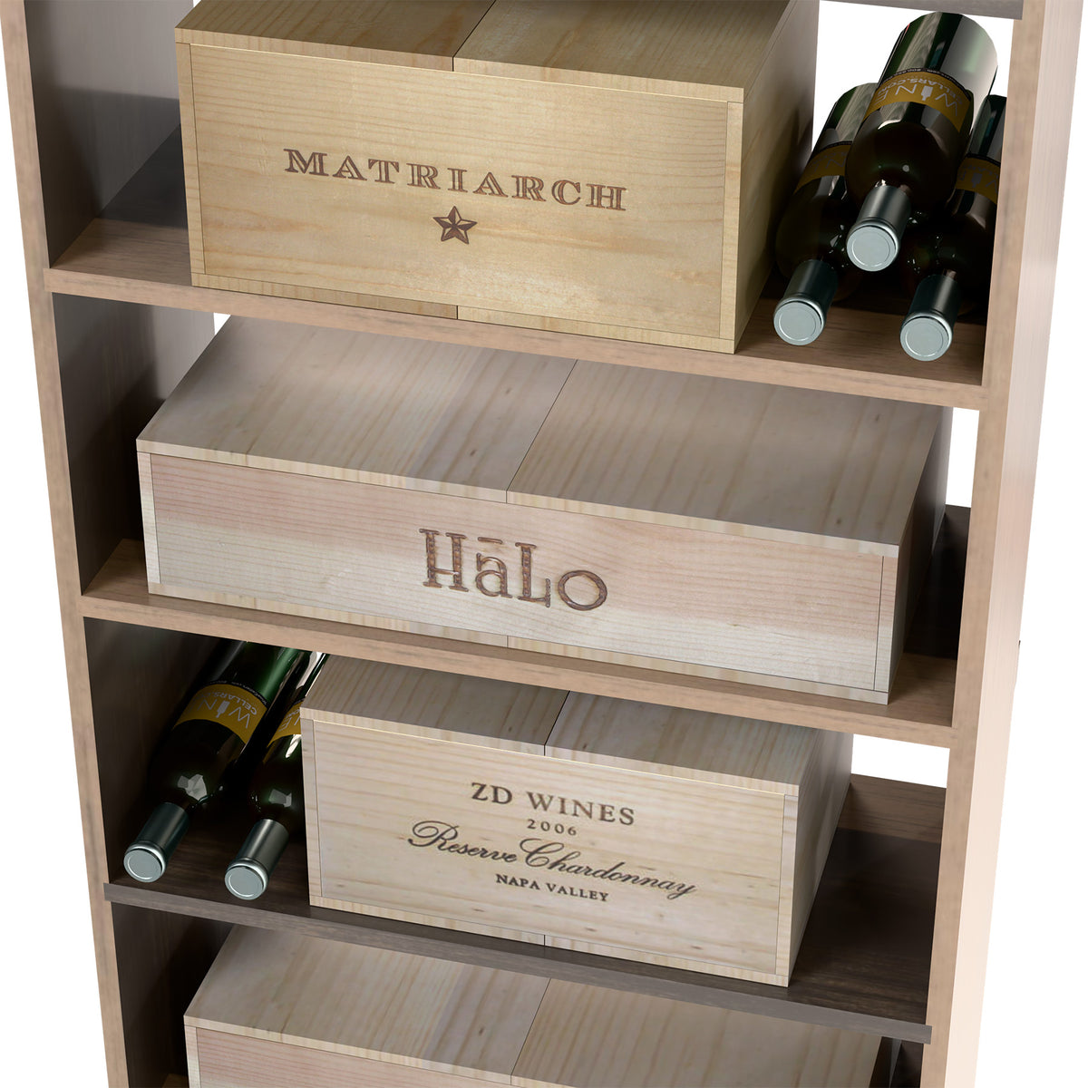 Light wooden wine rack cabinet with labeled wine cases and bottle storage shelves