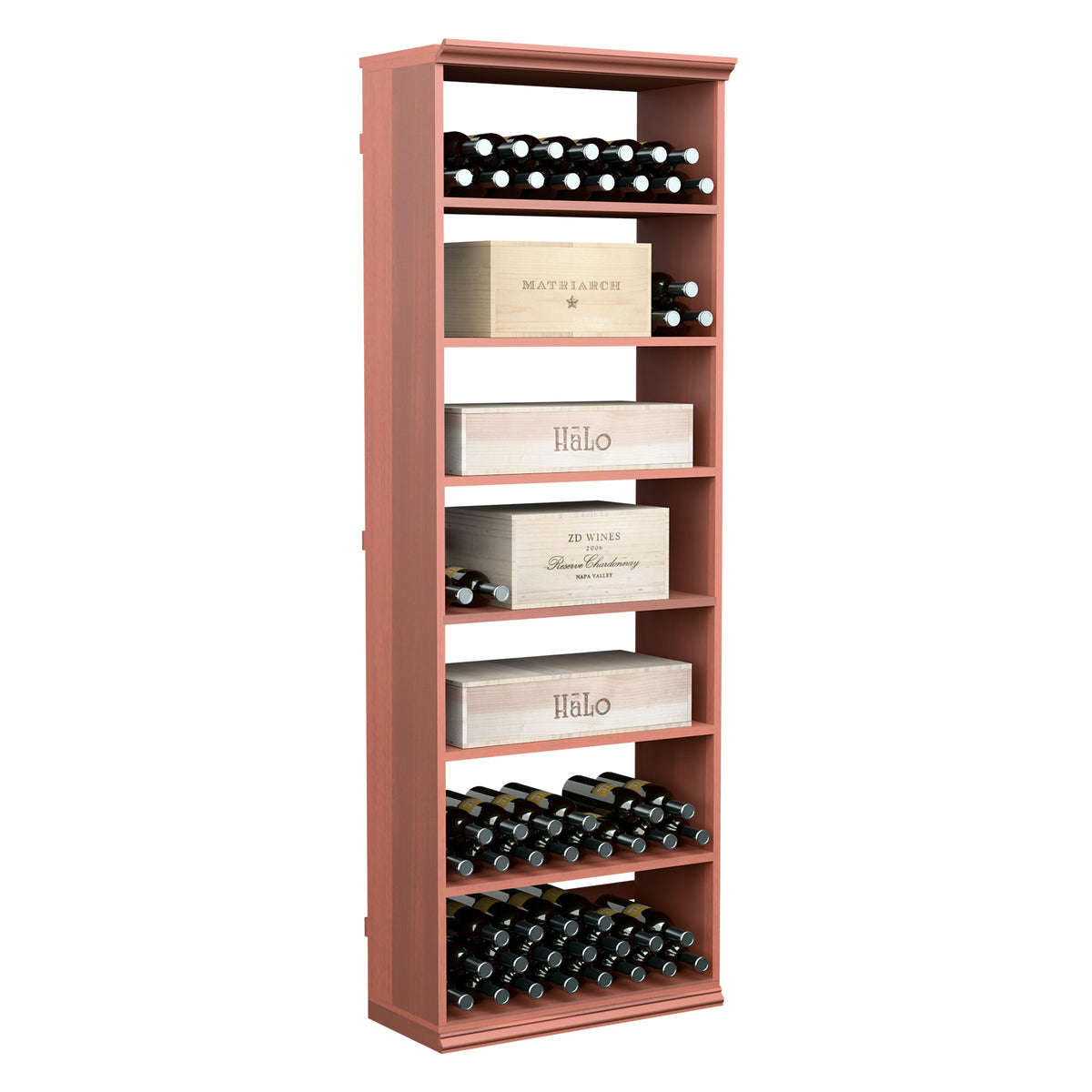 Red-stained wooden wine rack cabinet with bottle slots and stacked wine cases