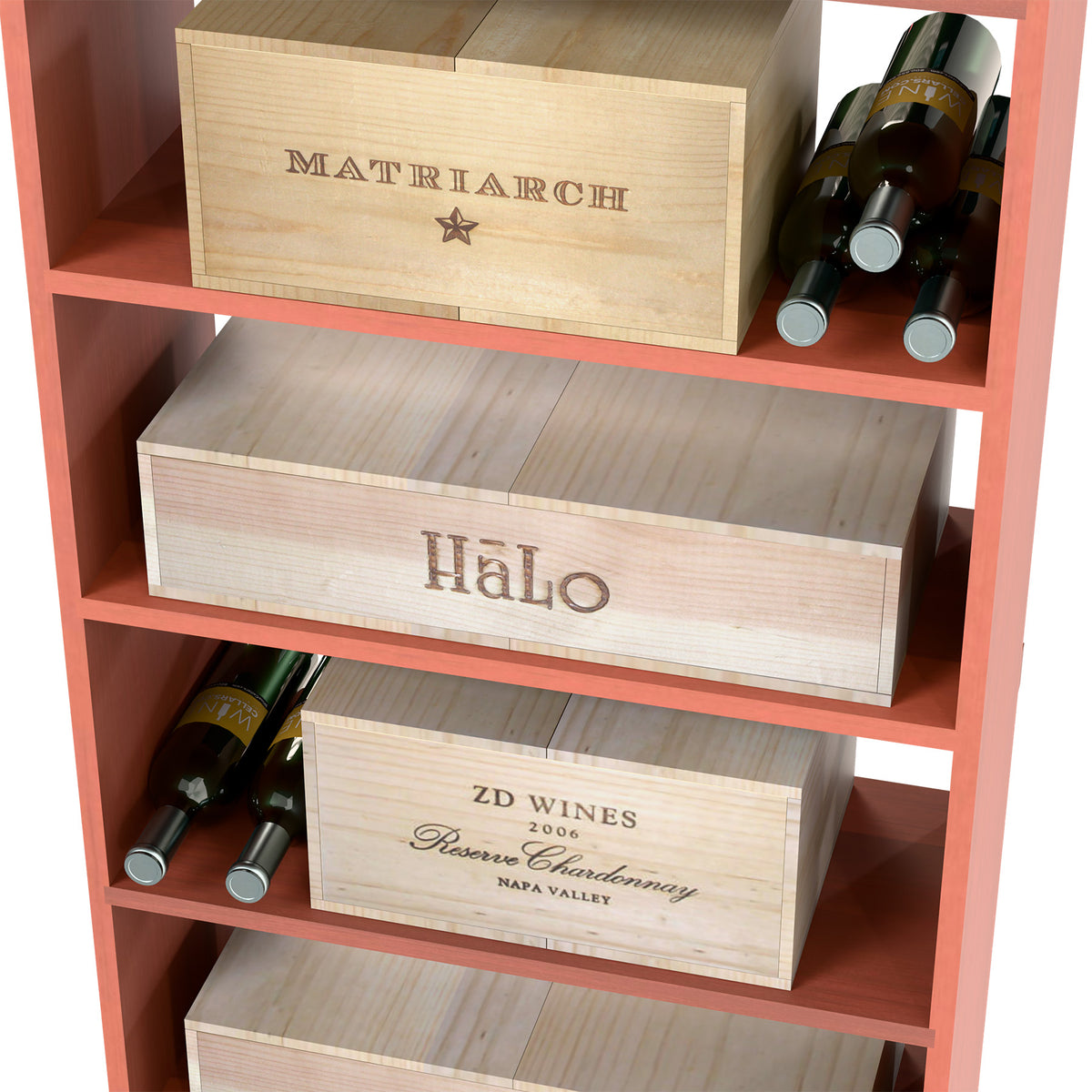Red wooden wine rack with stacked wine cases and bottle holders, close-up view