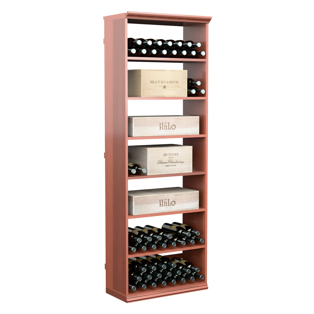 Freestanding red-stained wooden wine rack cabinet with open bottle shelves and cases