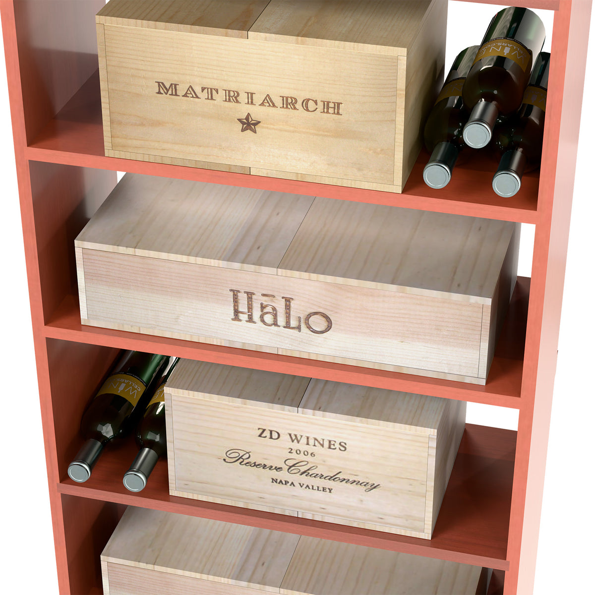 Red-stained wooden wine rack with wine cases and bottle storage shelves
