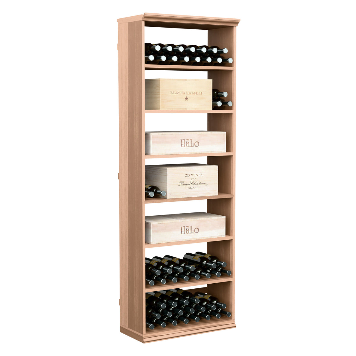 Red-stained wooden wine rack cabinet with bottom bottle slots and upper shelves