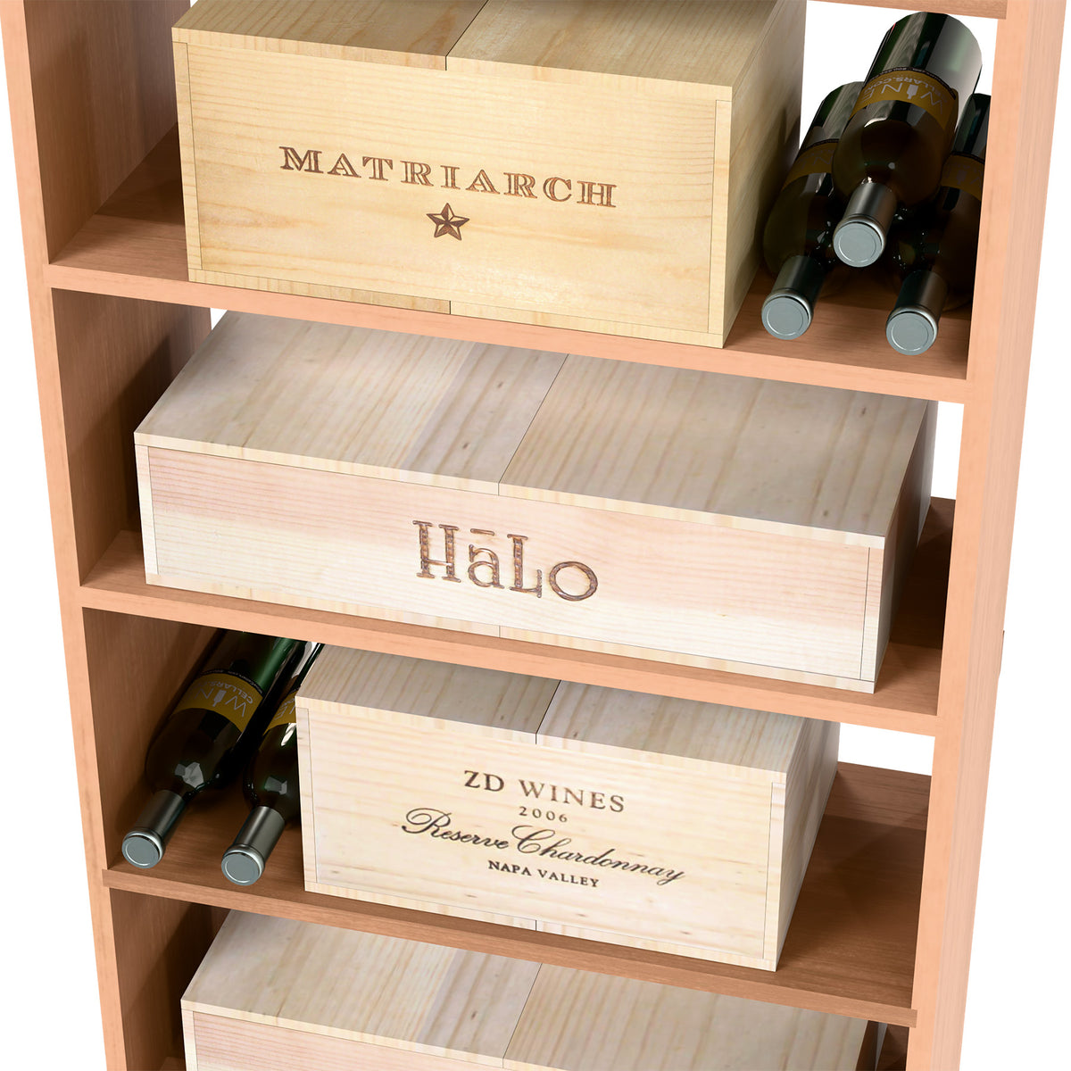 Light wooden wine rack cabinet with wine cases and bottle storage shelves