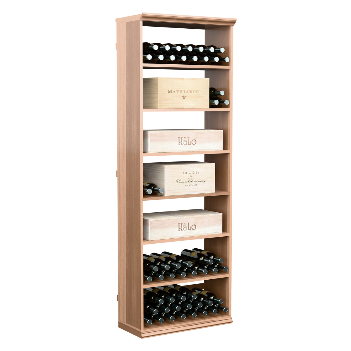 Rectangular wooden wine storage cabinet with open shelves and bottle racks
