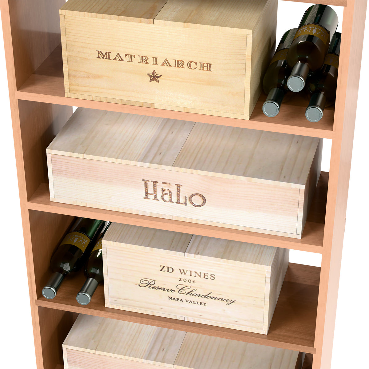 Wood wine organizer with front label crates and two bottles on the top shelf