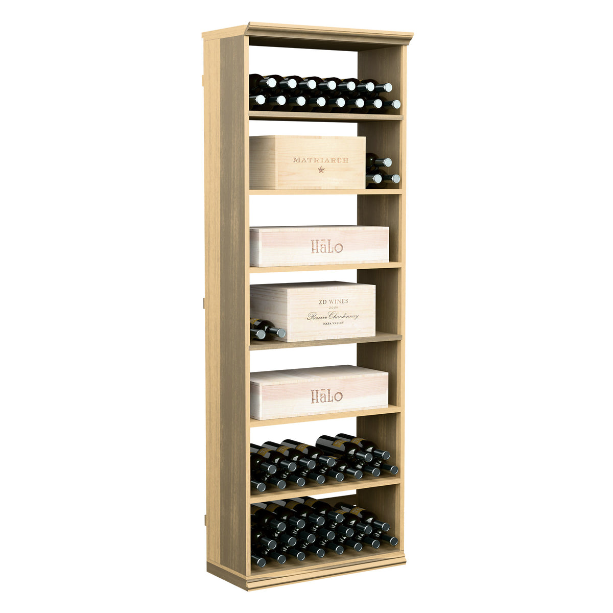 Light wood rectangular wine cabinet with stacked bottle slots and open display shelves