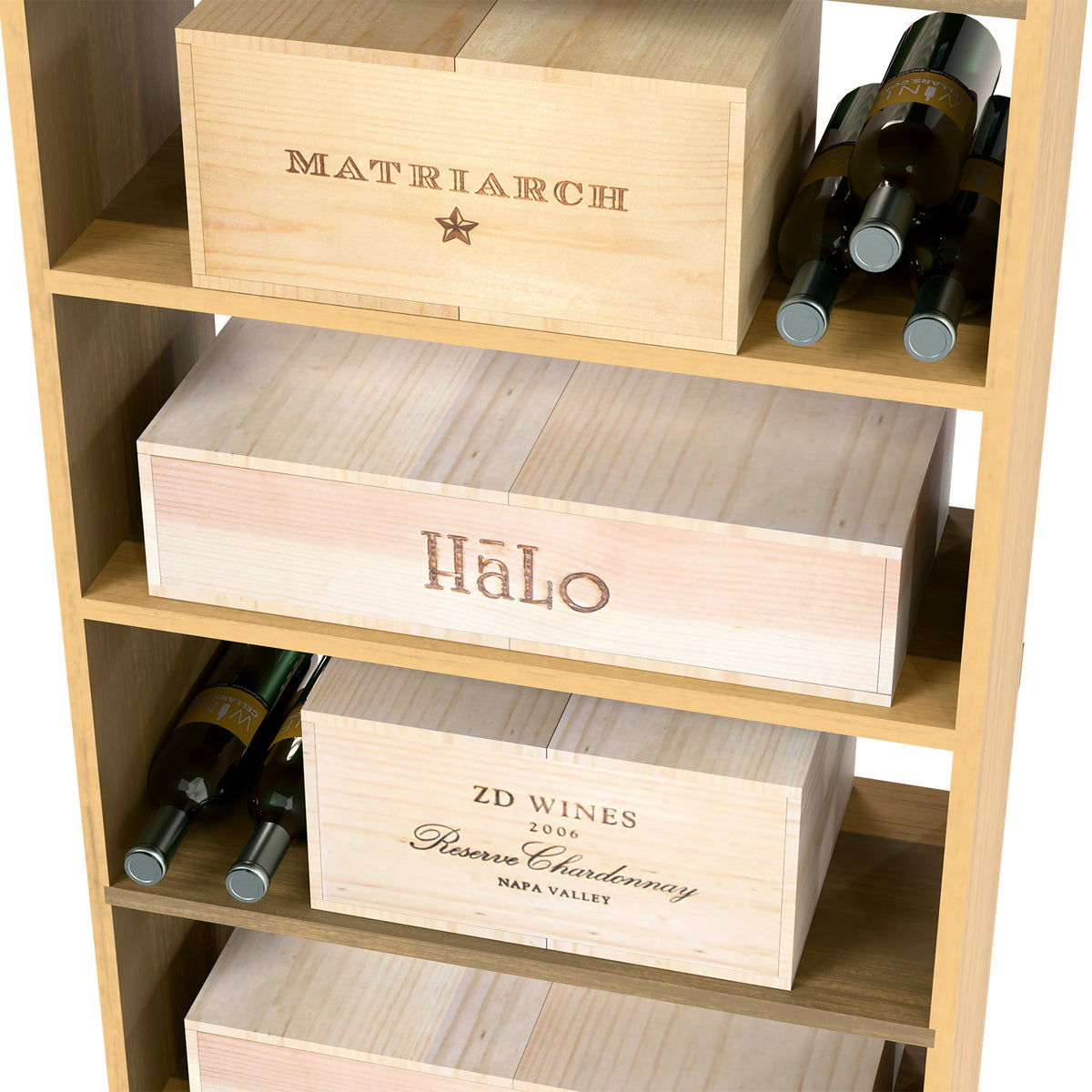 Light wood wine storage bin with labeled drawer-style shelves and bottle holders