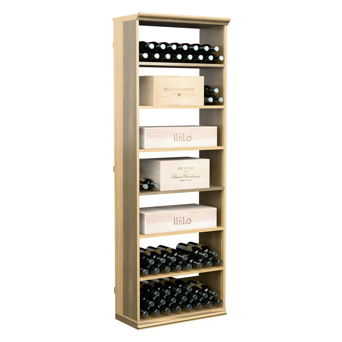 Light wood rectangular wine cabinet showing rows of bottles in lower racks
