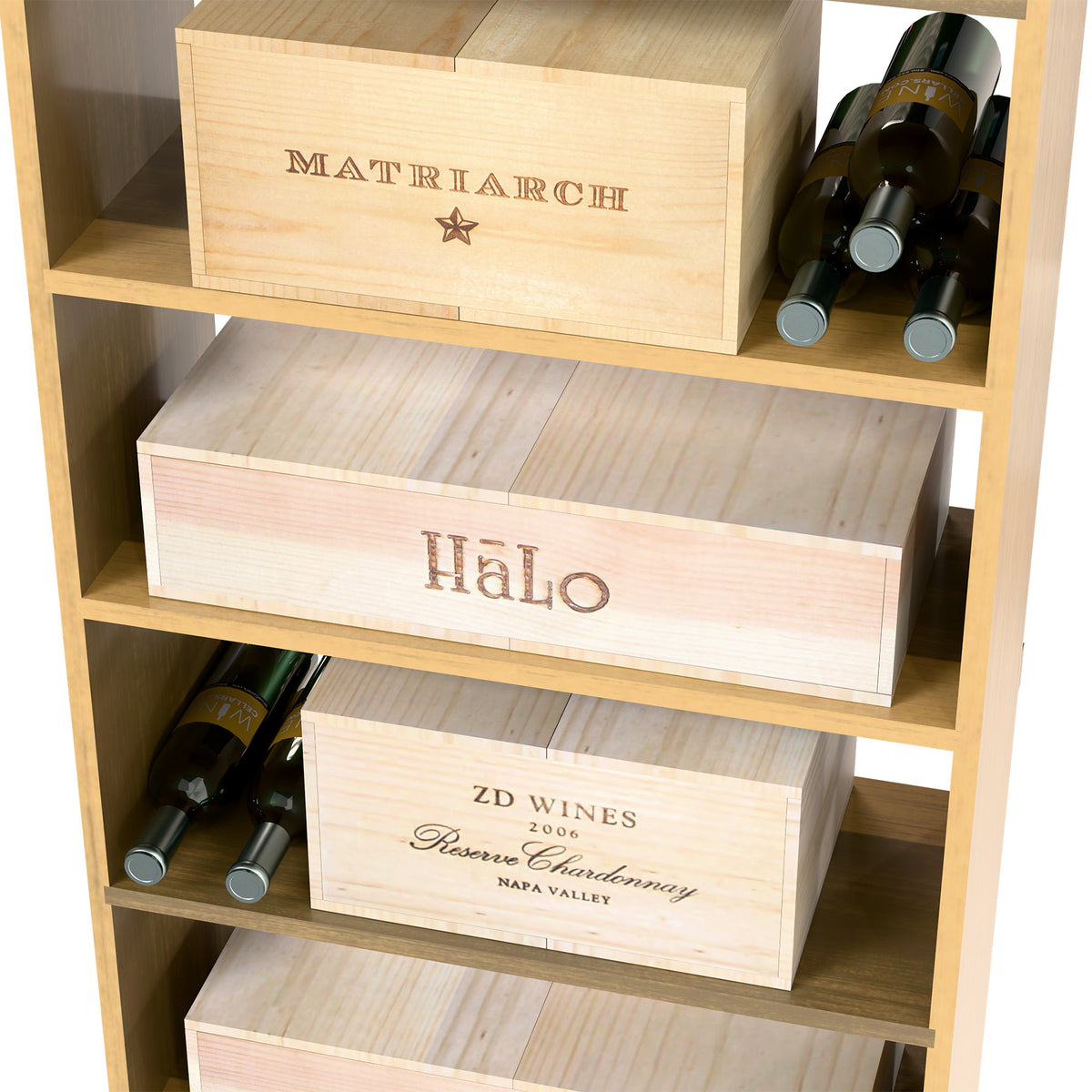 Light wood wine organizer with three front label crates and bottles on upper shelf