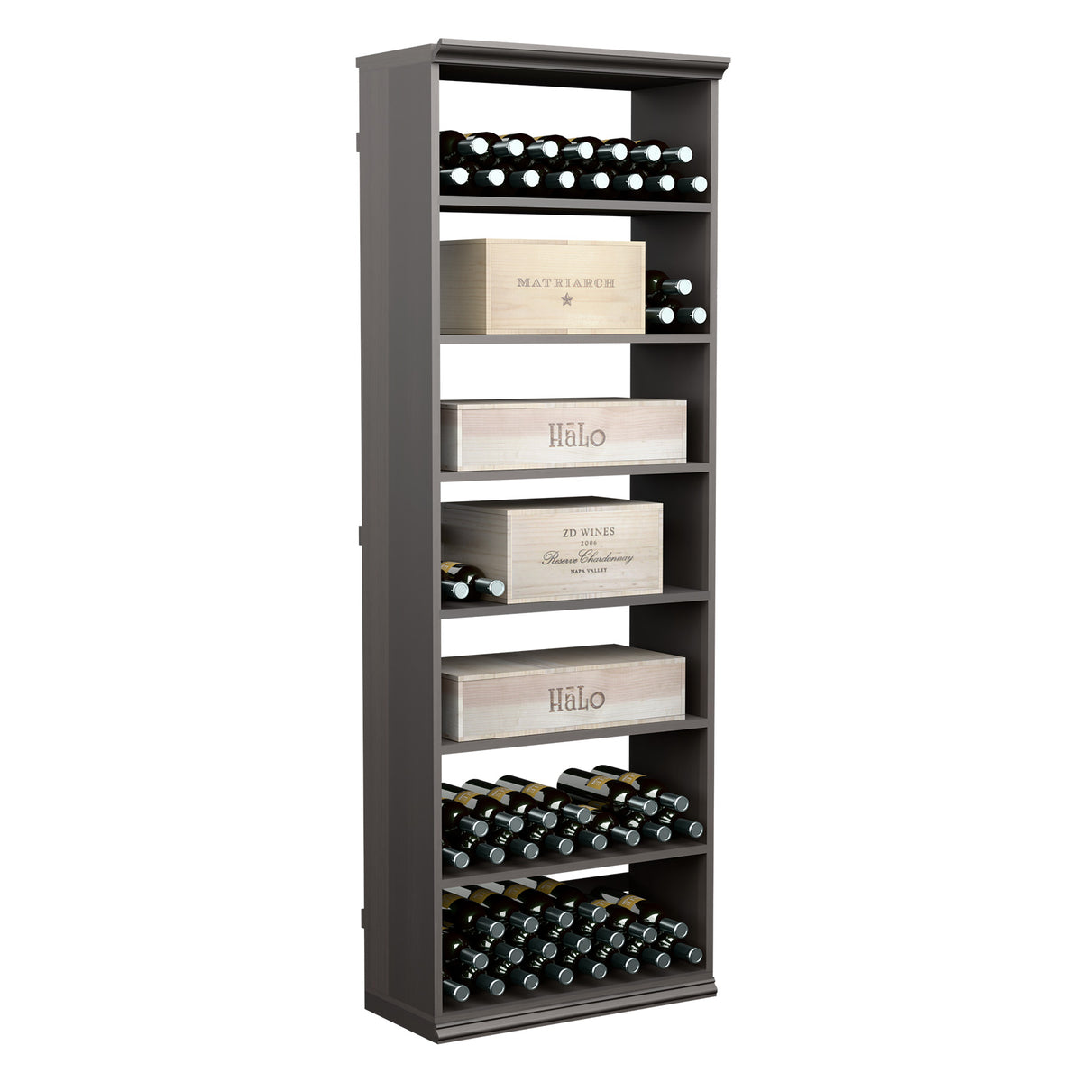 Dark rectangular wooden wine cabinet with open shelves and bottle storage racks
